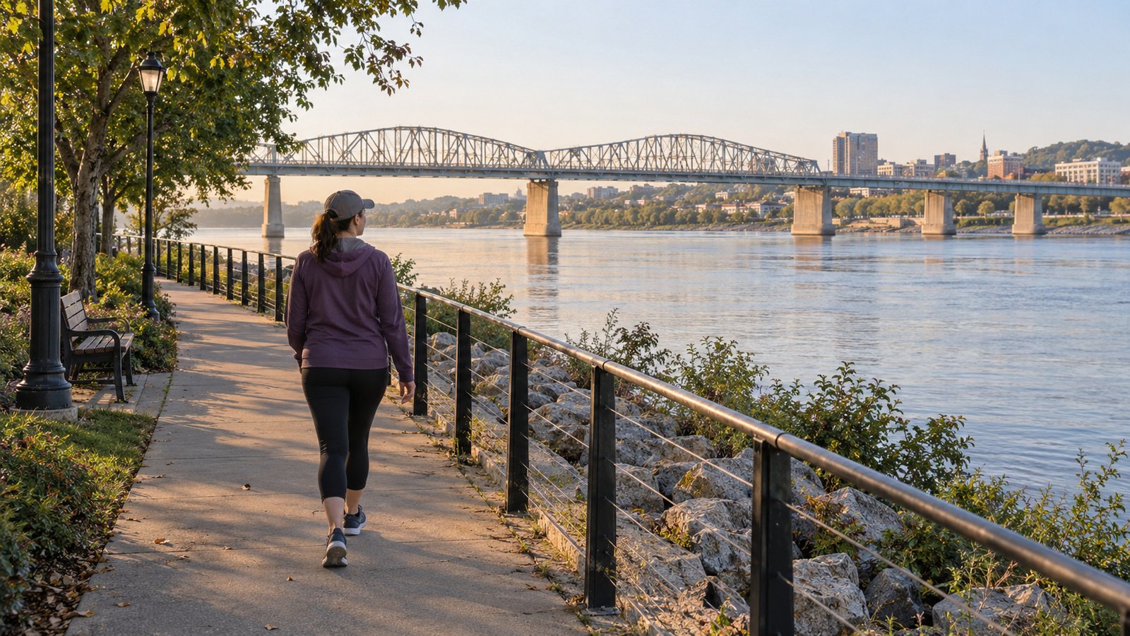 Woman walking along a riverside path beside a metal railing, with a bridge in the distance