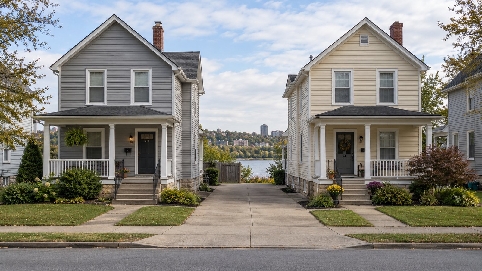A home and its approach Two complete gray and cream clapboard homes with porches, steps and a shared concrete drive