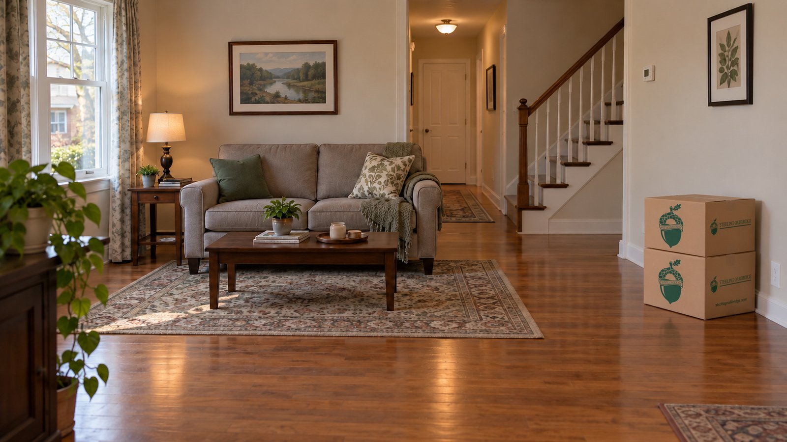 Compact living room with a complete sofa and coffee table, stairs and two closed branded Book cartons by a wall
