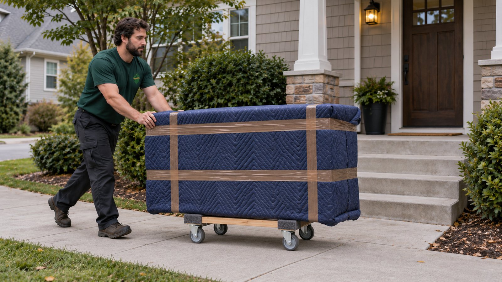 Keep the level route clear Male mover rolling a quilted-blanket-covered dresser on a wooden furniture dolly along a concrete sidewalk