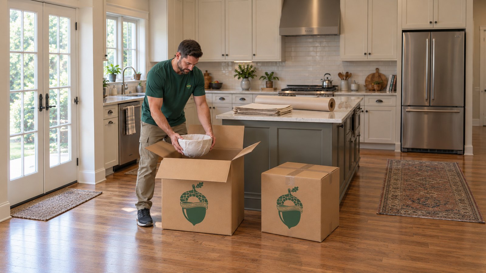 Pack the belongings you will take Male mover lowering a paper-wrapped bowl into an open branded kraft carton on a kitchen floor
