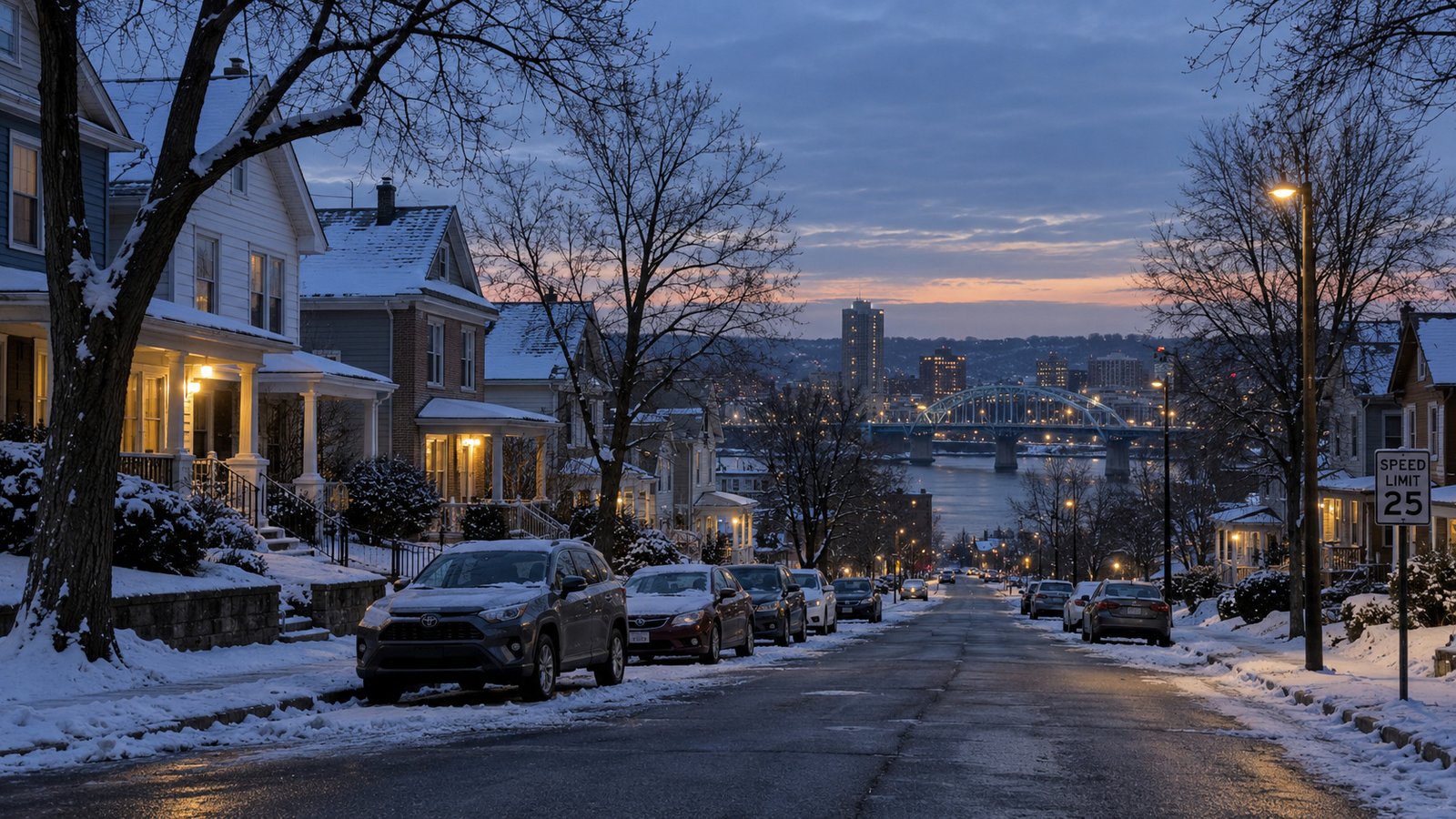 Snow along a residential street at dusk, with parked cars, houses and a river bridge in the distance