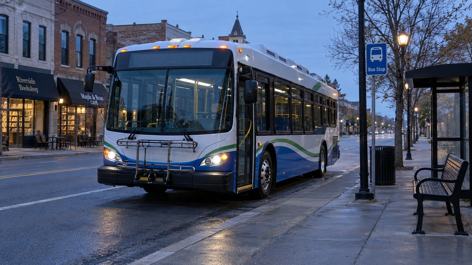 Complete transit bus stopped parallel to a curb beside a sidewalk and bus-stop sign in early morning