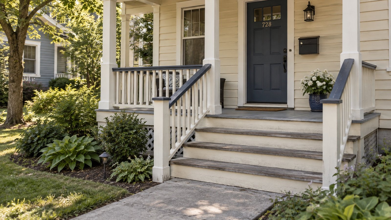 Cream-sided house with timber porch steps, navy door and railings