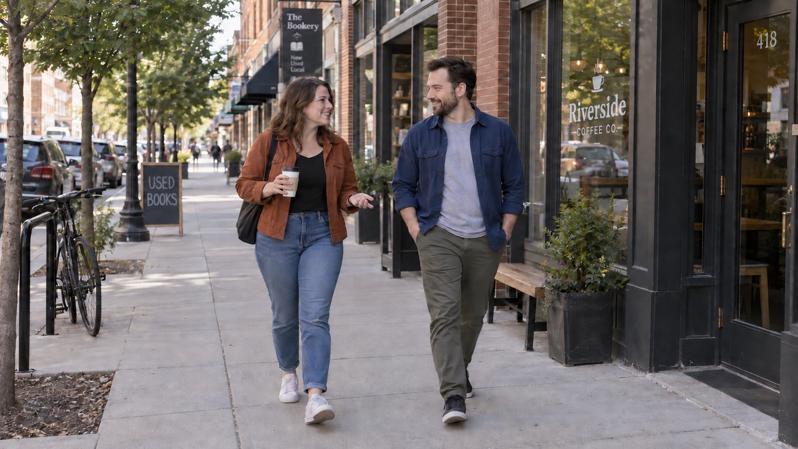 Two adults walking past brick storefronts and a bicycle secured beside the sidewalk