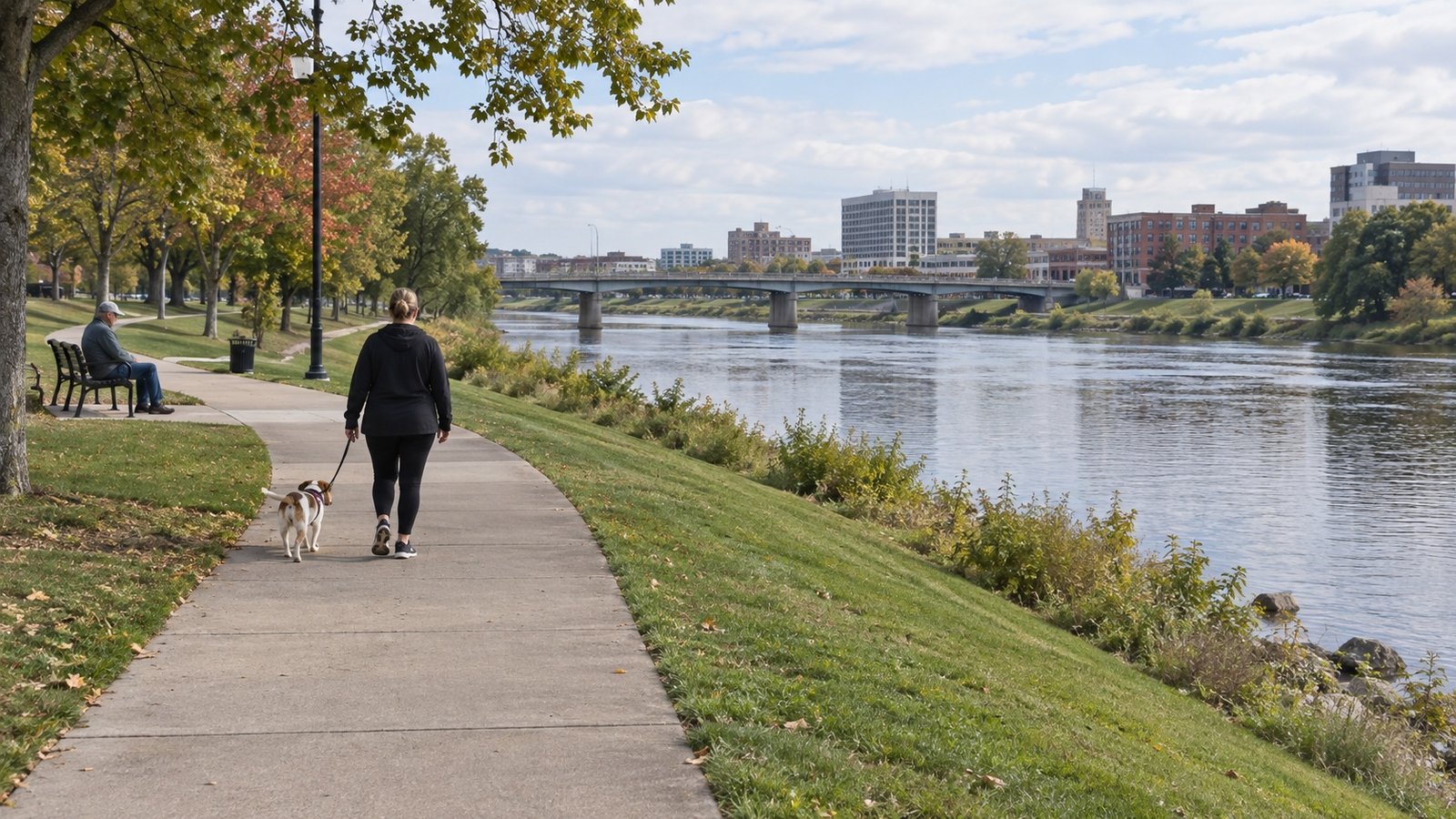 Woman walking a leashed dog on a riverfront path, with a seated person nearby