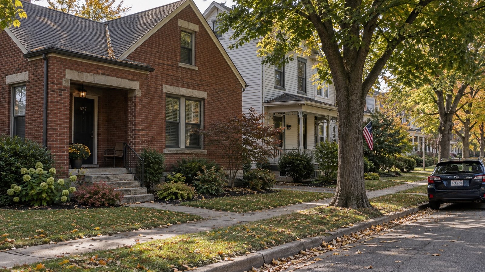 Brick cottage and taller wood house along a tree-lined residential street