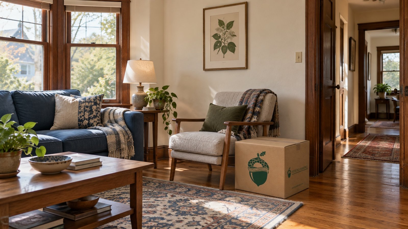 Living room with a blue sofa, reading chair and branded kraft carton