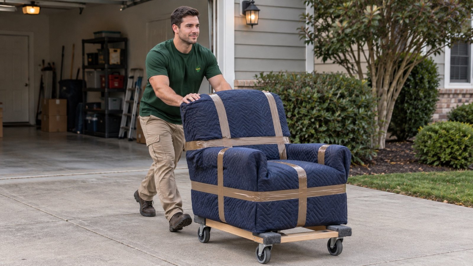 Mover pushing a blanket-protected armchair on an open wooden furniture dolly