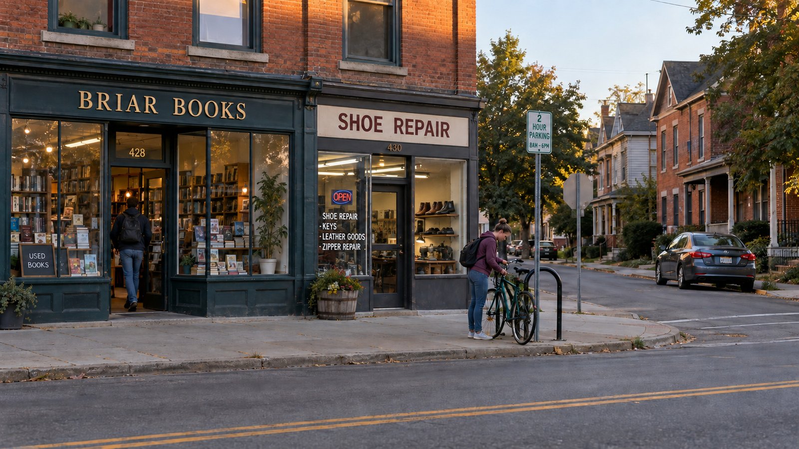 Bookshop and shoe-repair storefronts beside a residential street, with a woman at a bicycle rack and another customer entering