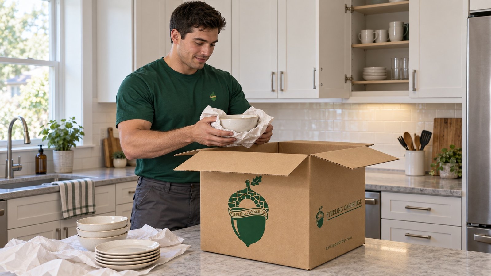 Mover holding a paper-protected bowl over a branded carton in a kitchen