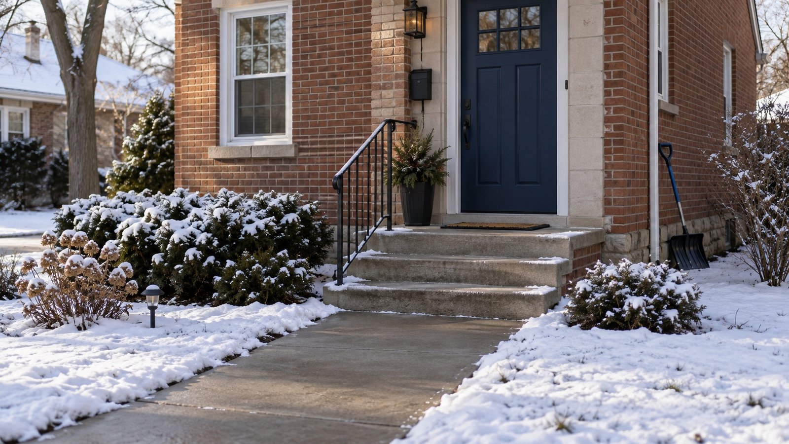 Cleared path and stone porch steps at a brick house with snow beside the route