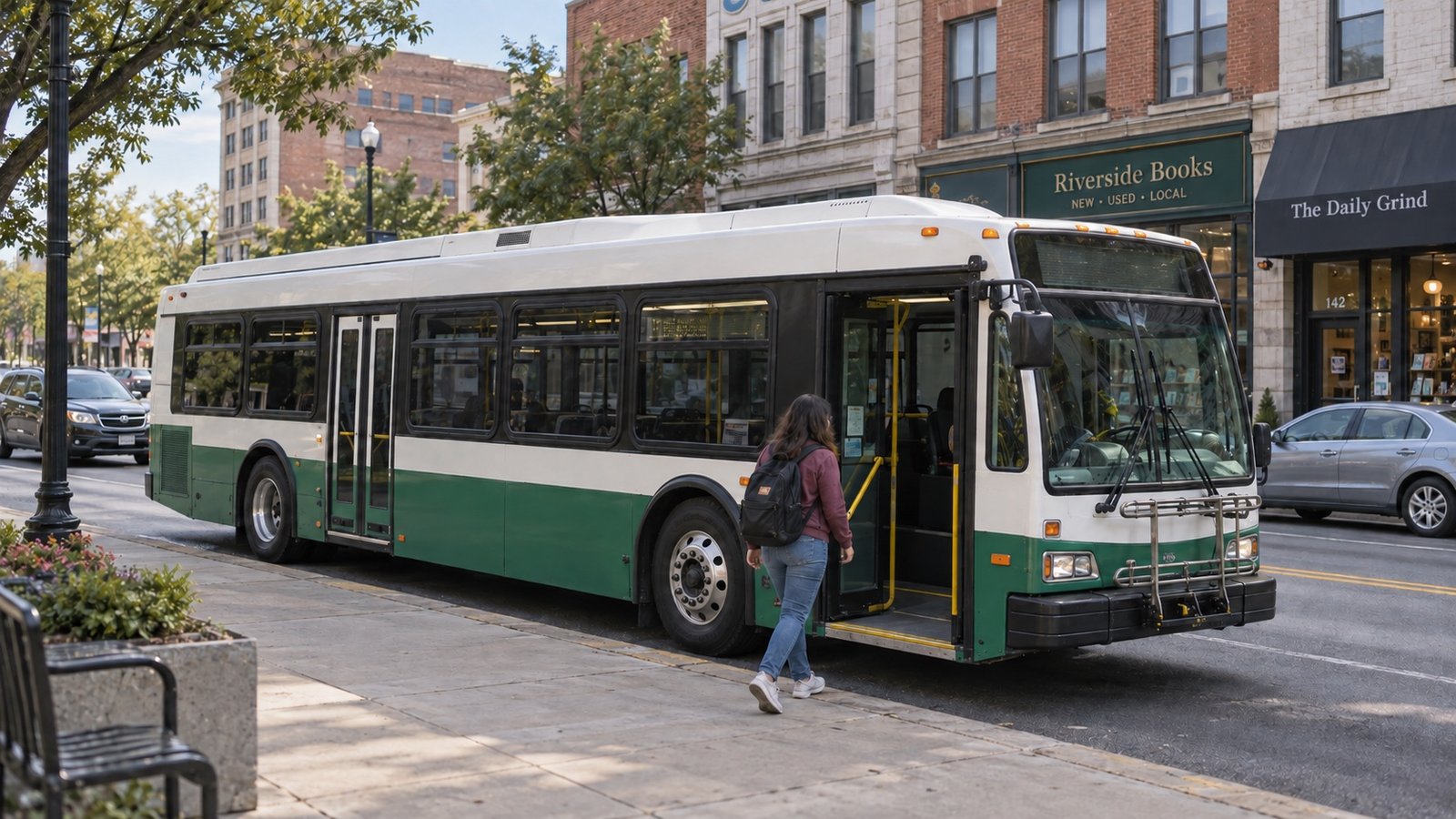 City bus at a sidewalk stop