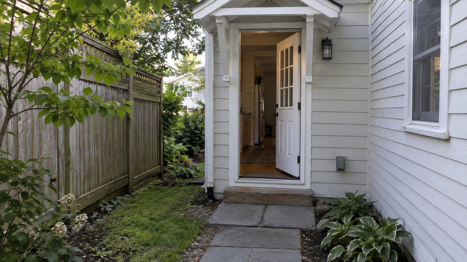 Measure the actual opening A complete open white hinged door above a low step and connected stone-paver approach.