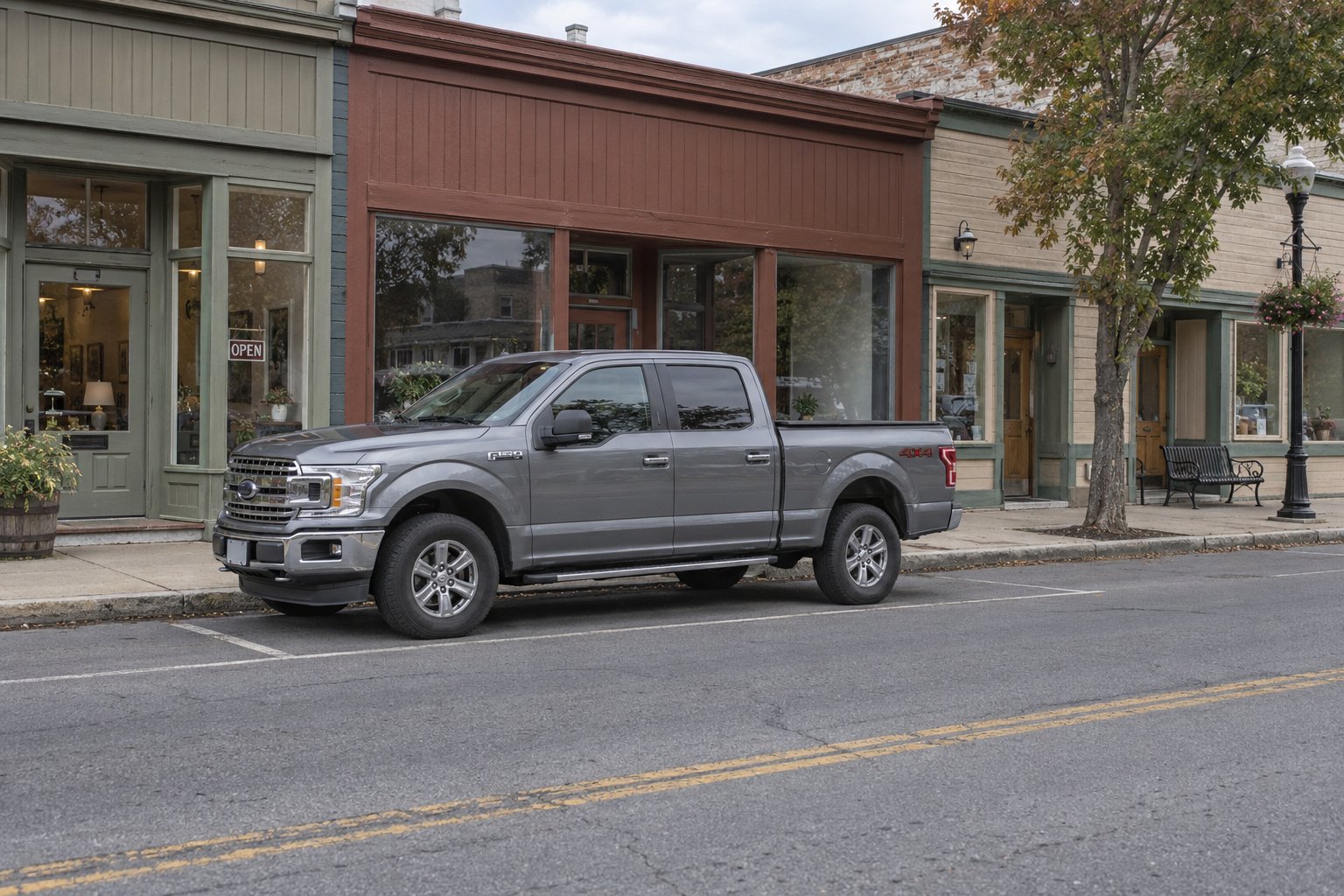 A whole gray pickup sits beside low plain wood shopfronts and an empty connected sidewalk.