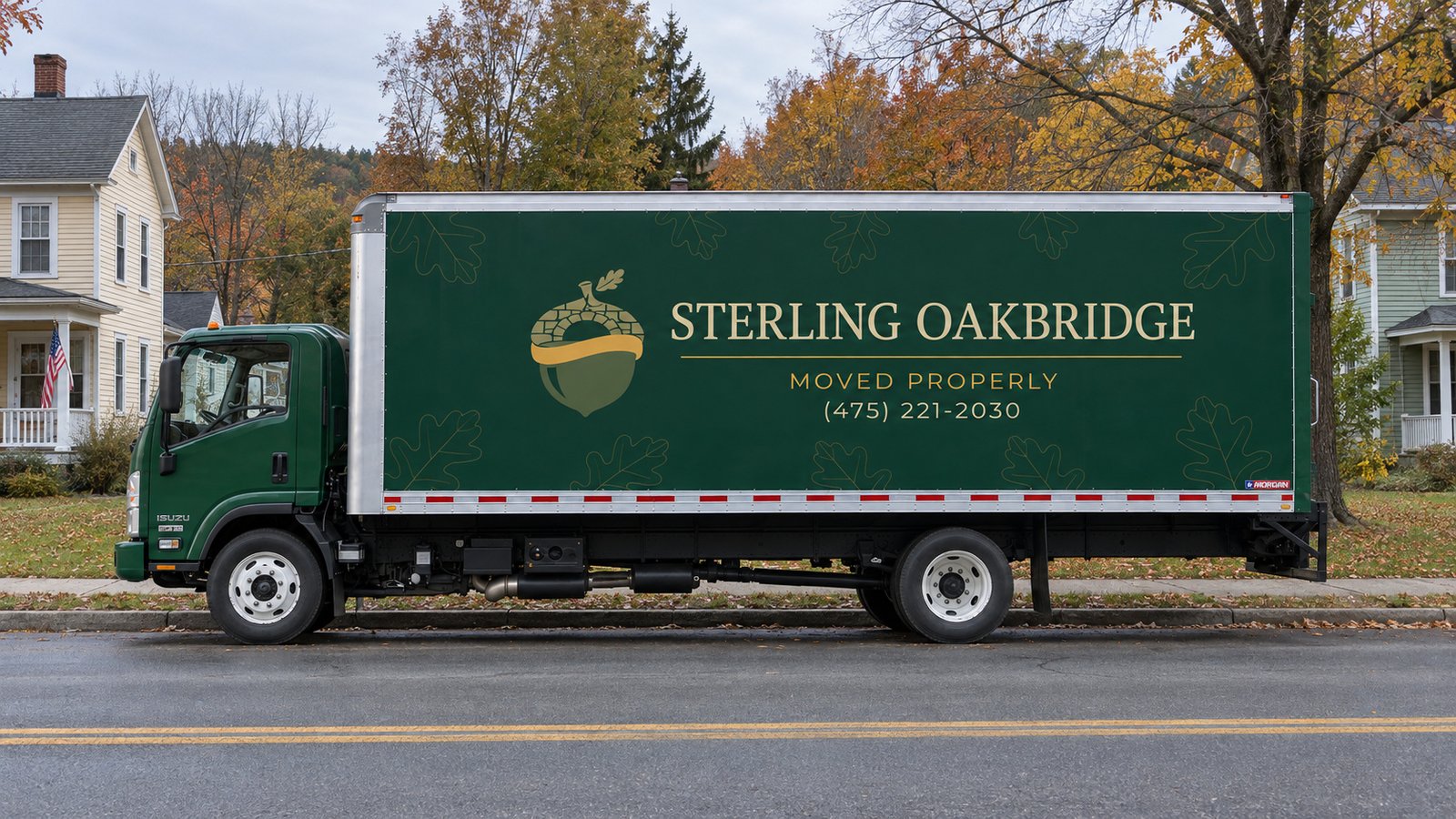 Confirm the assigned vehicle position A whole green Sterling Oakbridge Isuzu FTR26 parked parallel beside a street curb.