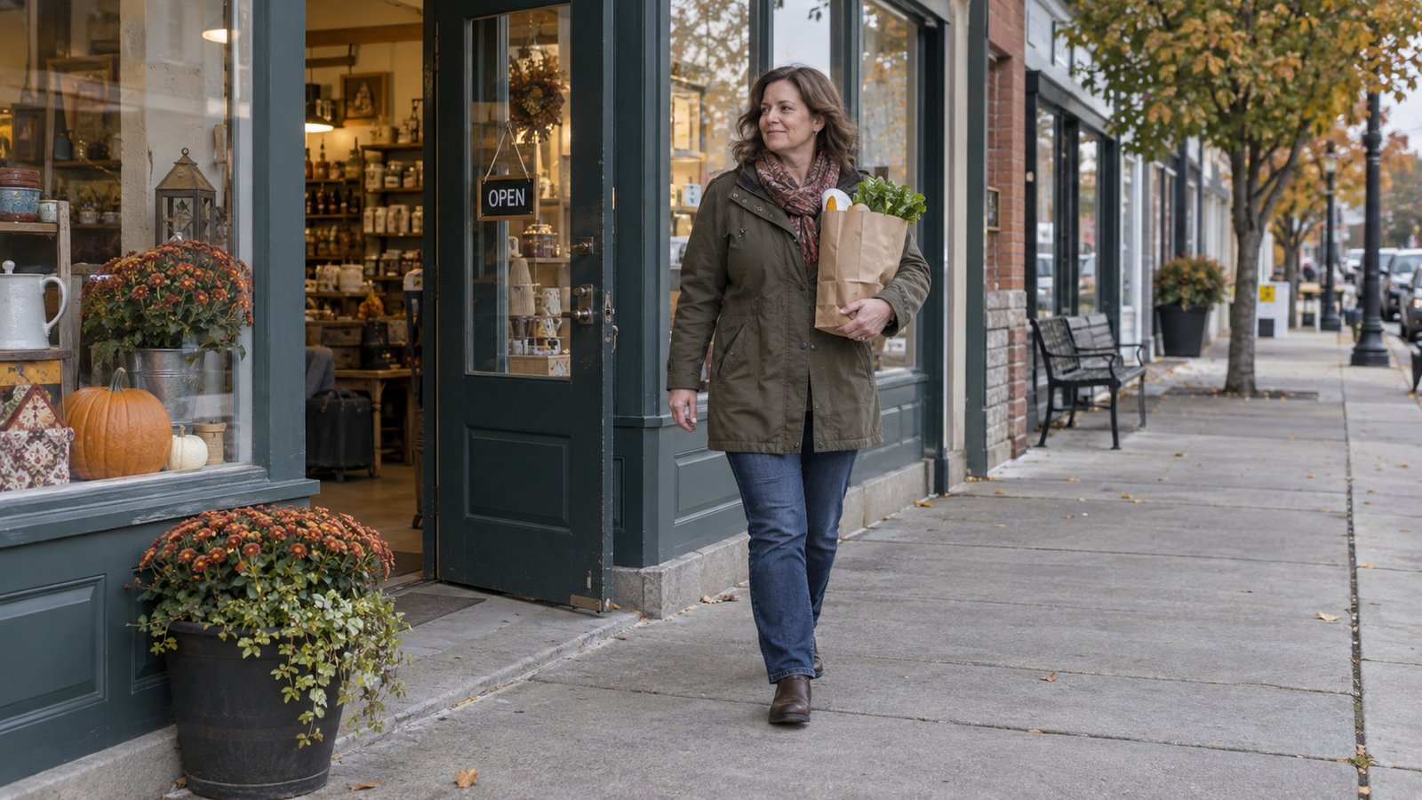 A woman carries a paper grocery bag along an unnamed shopfront sidewalk.
