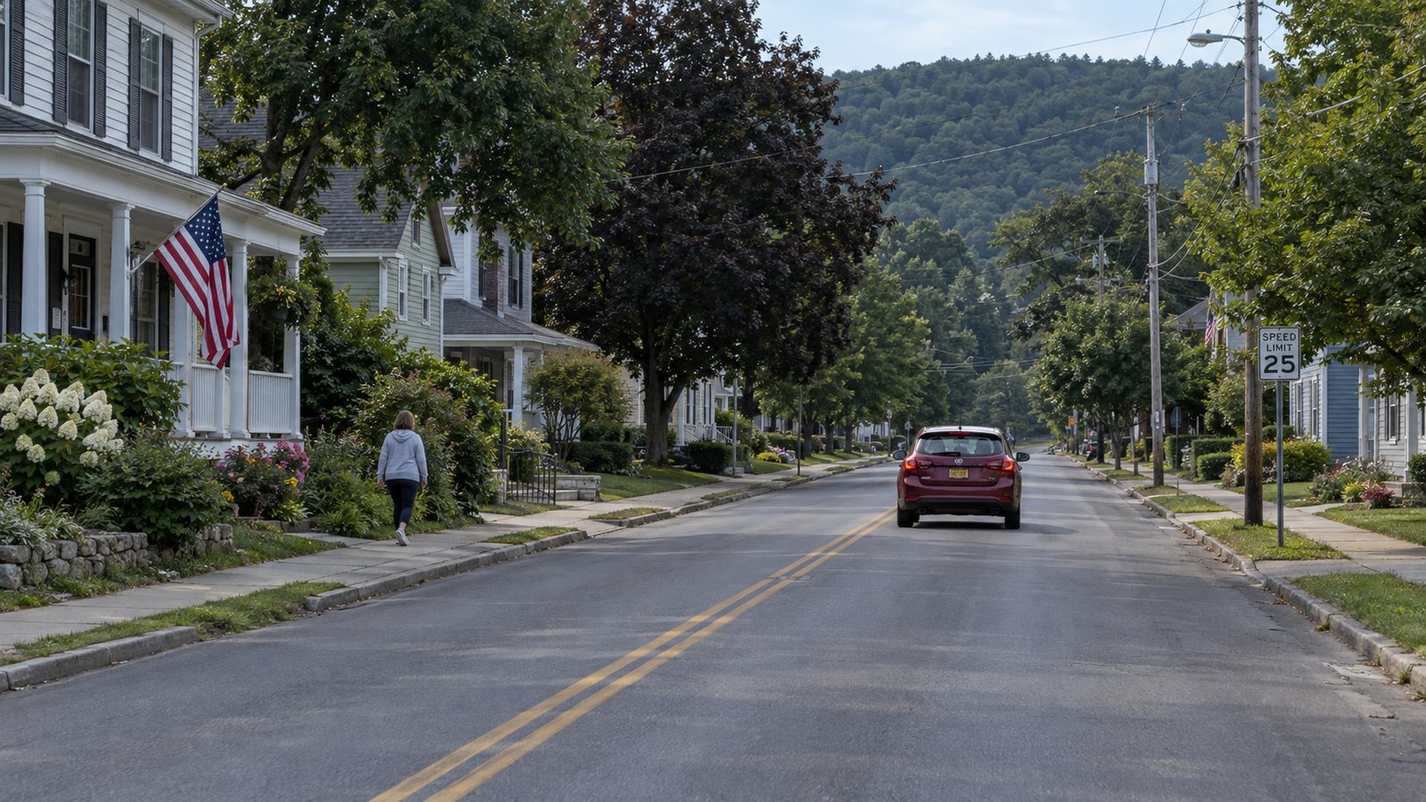 Review the outside approach A red hatchback and a resident on a village street of wood houses beneath a low wooded ridge.