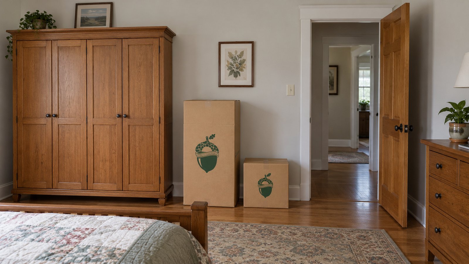 Tall Wardrobe and small Book cartons stand beside a wooden wardrobe and a complete open bedroom doorway.