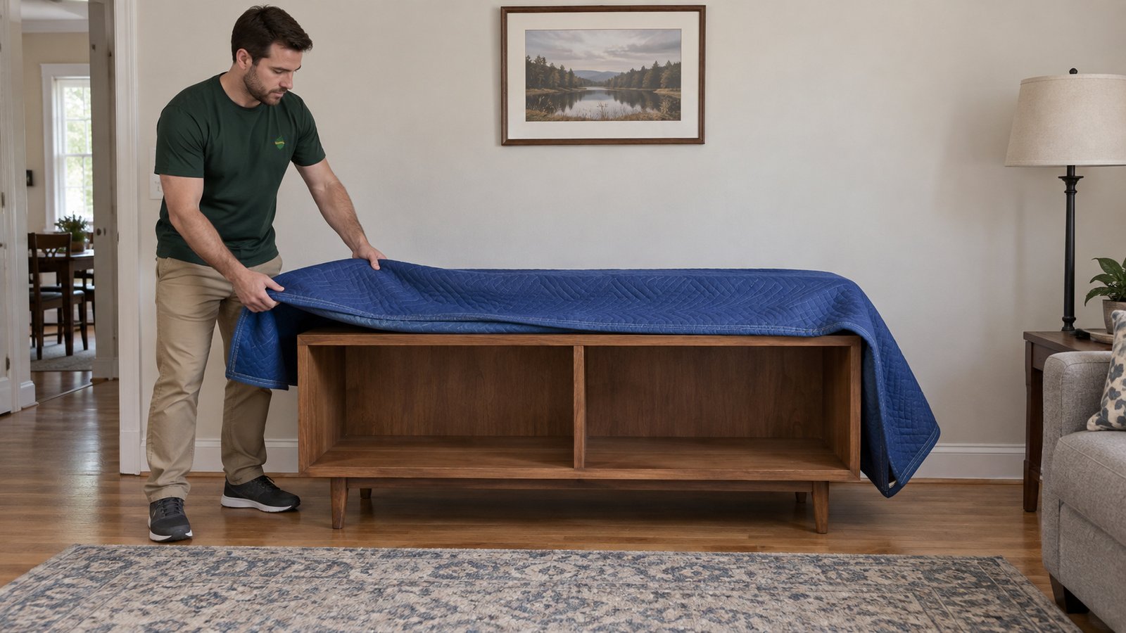 Prepare furniture before wrapping A whole male mover lays a blue quilted blanket over a completely empty wooden cabinet with two compartments.