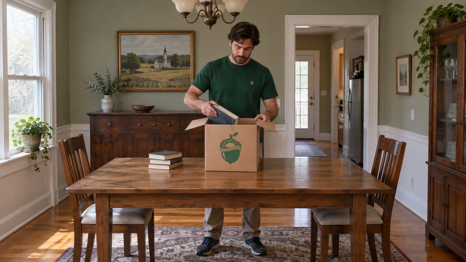 Prepare the selected packing work A whole male packer places one book into an open kraft Book carton on a wooden table.