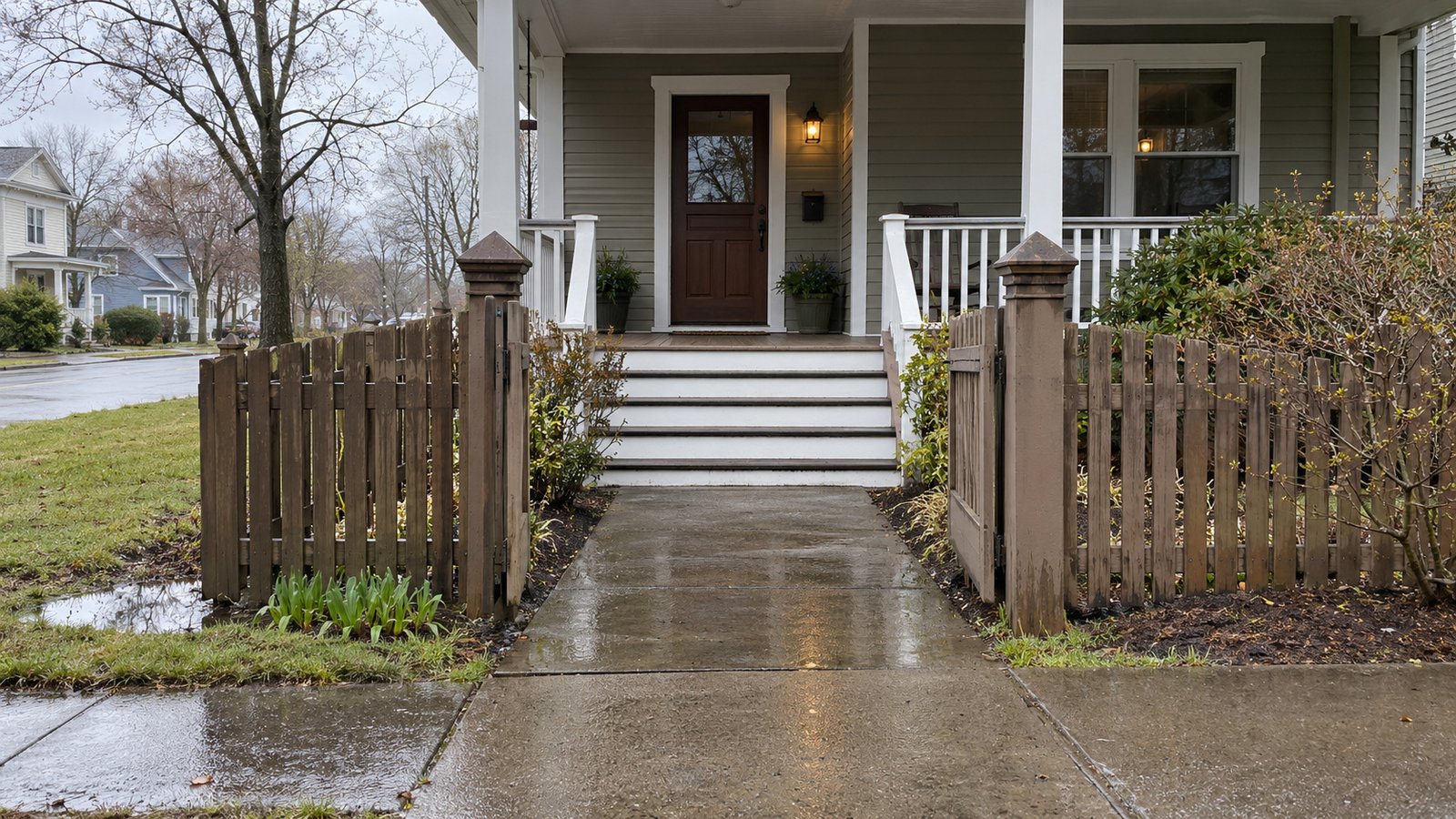 An empty wet paved walk leads through an open wooden gate to a complete porch entrance.