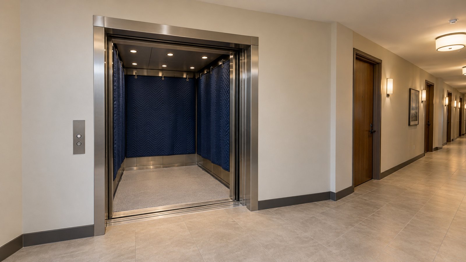 A service elevator and the corridor turn Open elevator with blue protective wall pads, a level threshold and a clear corridor to the right.