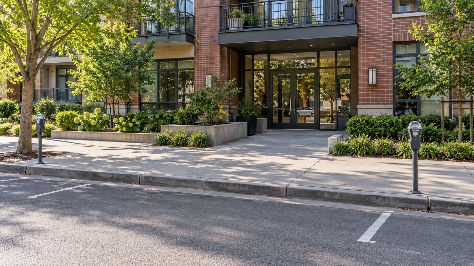 The public curb and shared entrance Unbagged parking meters beside an empty curb position, a continuous sidewalk and a brick apartment entrance.