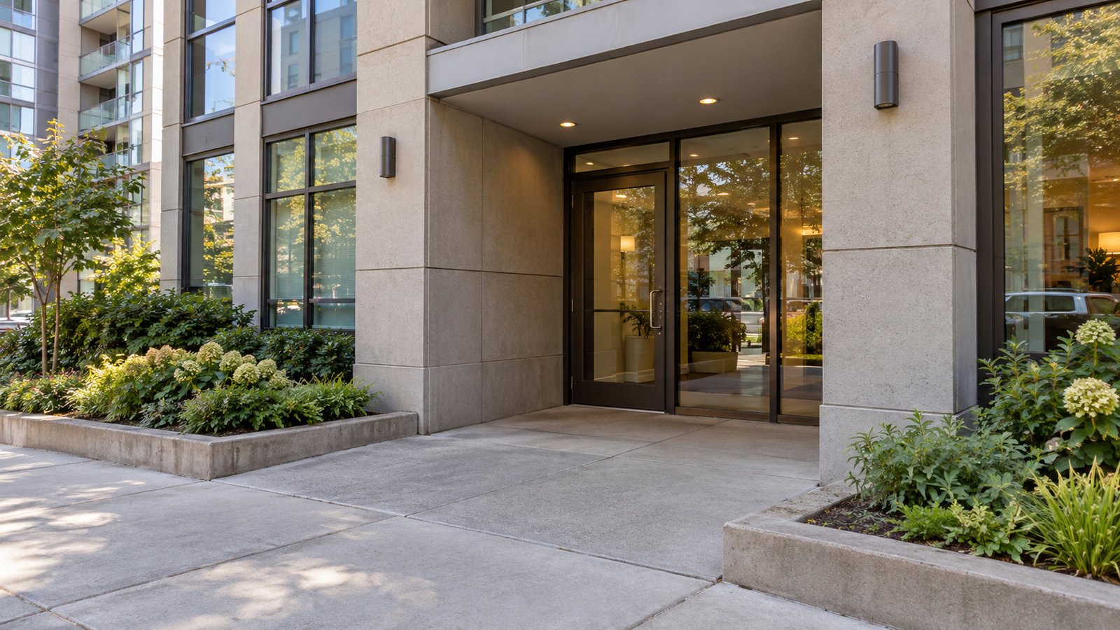 A shared residential entrance Whole recessed glass entrance and level paved approach between planted beds at a contemporary condominium building.