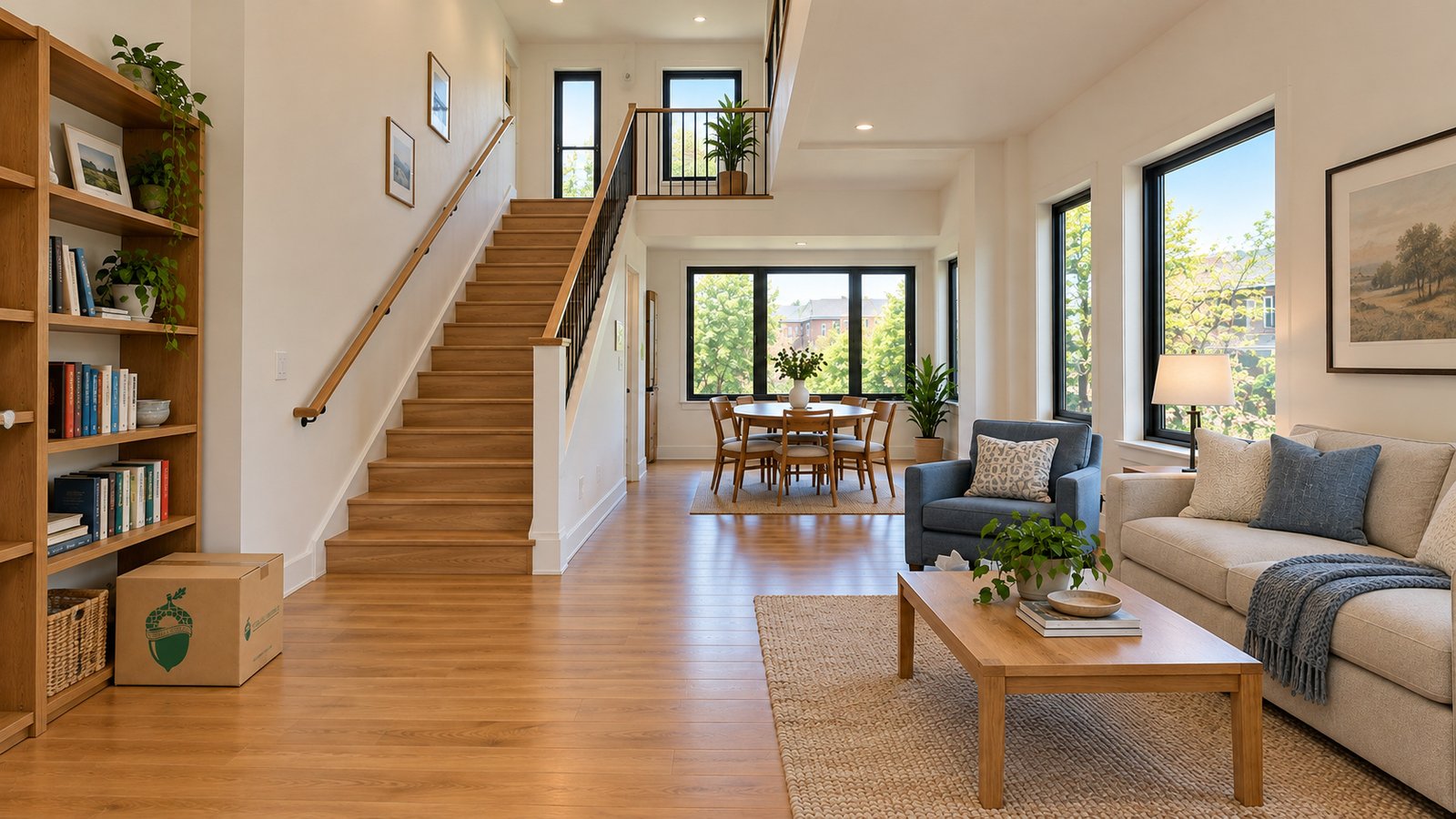 Townhouse living and dining room, a whole straight stair and one closed Book carton beside a bookshelf.