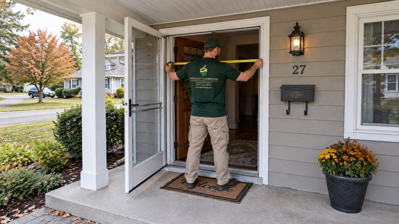 Measure the actual entry A whole male mover measures the usable opening beside a fully visible open storm door and covered entrance.