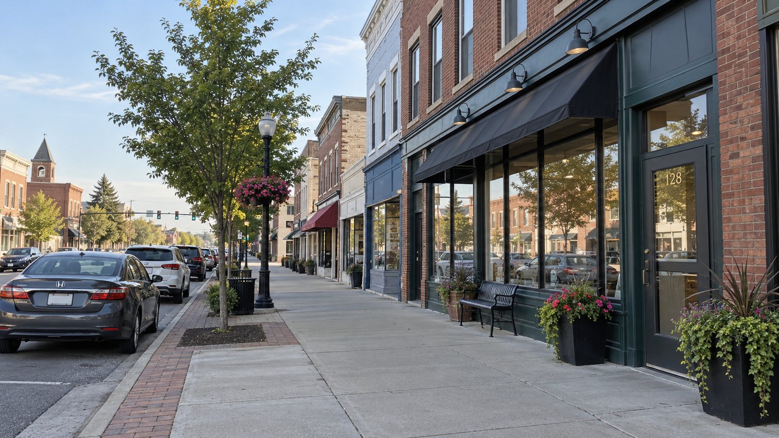 An ordinary village storefront sidewalk with doorways, a bench and contextual parked cars.