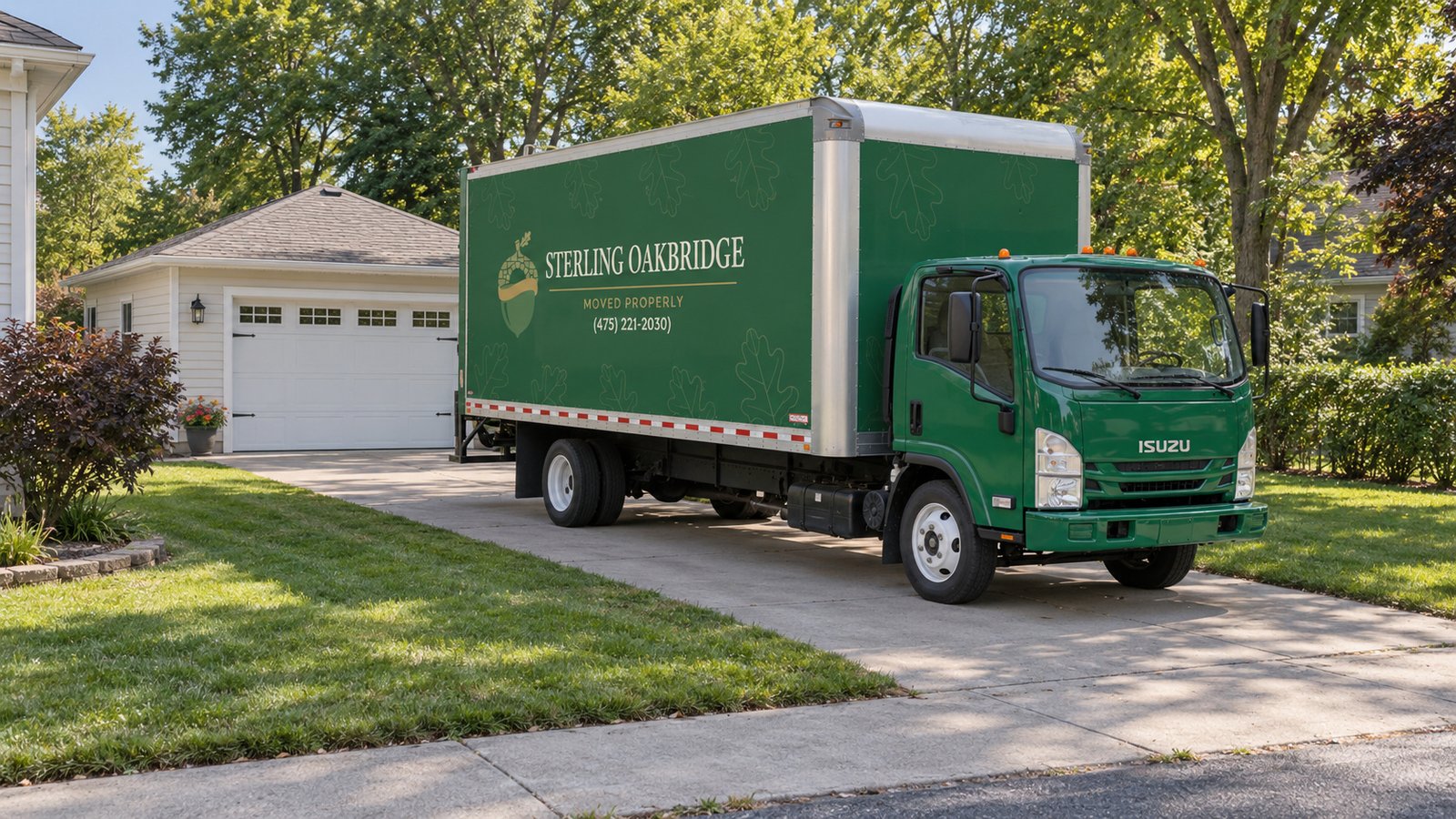 Confirm the vehicle position A whole green Sterling Oakbridge NPR16 box truck stands on a paved private driveway beside a detached garage.