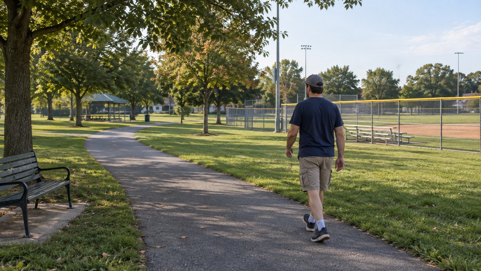 A whole resident walks along a park path beside a fenced ballfield.