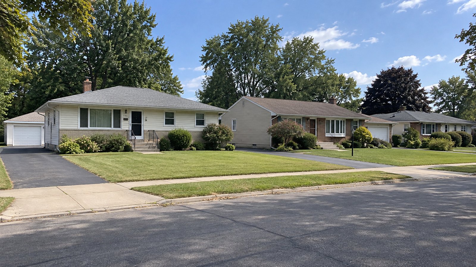 Inspect the property approach Complete principal suburban ranch houses with connected driveways and an ordinary flat residential street.