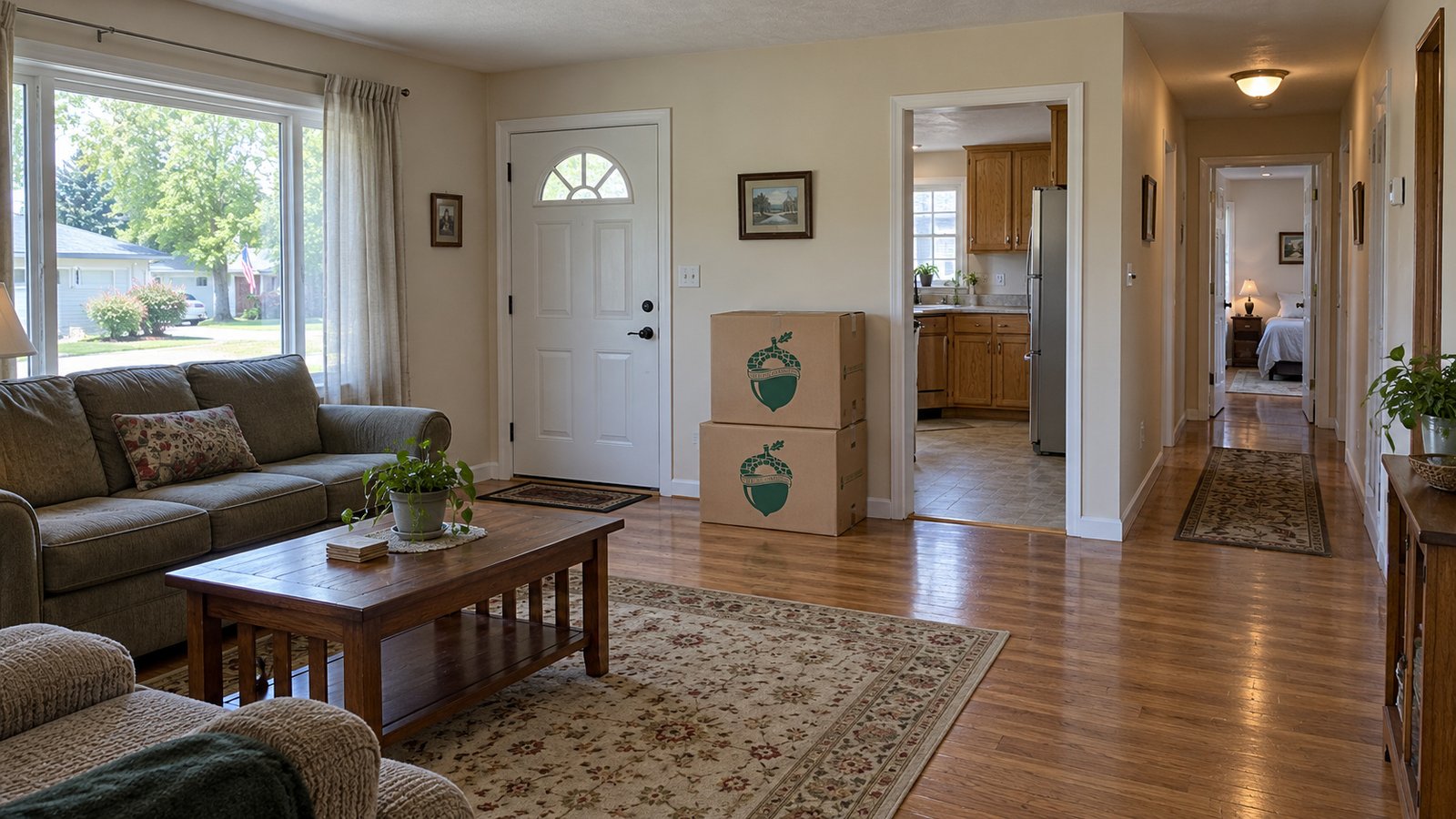 A ranch living room with visible front entry, hallway and kitchen route and two closed small kraft Book cartons.