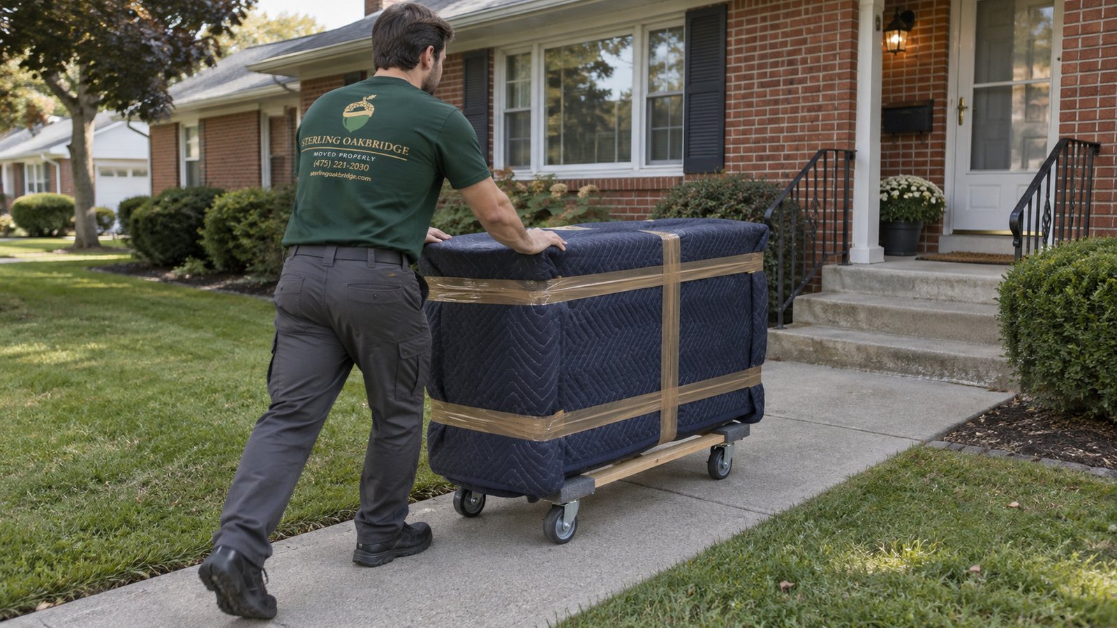 Prepare furniture and the route A whole male mover pushes a blanket-wrapped small dresser on a compact open-frame furniture dolly along a level path toward a ranch entry.