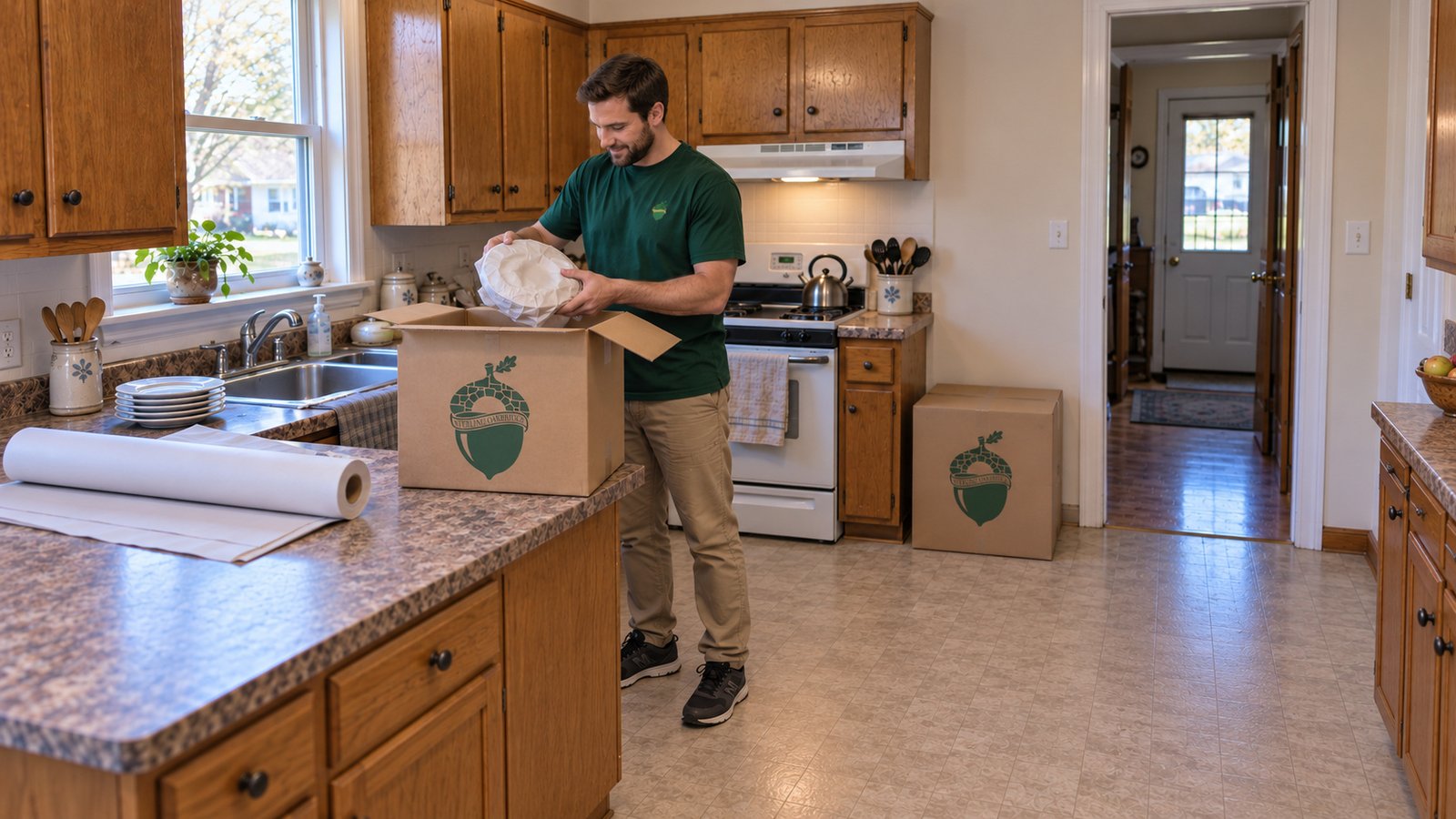 Prepare kitchen packing A whole male packer holds an individually paper-wrapped dish above an approved open kraft China carton on a built-in kitchen counter.