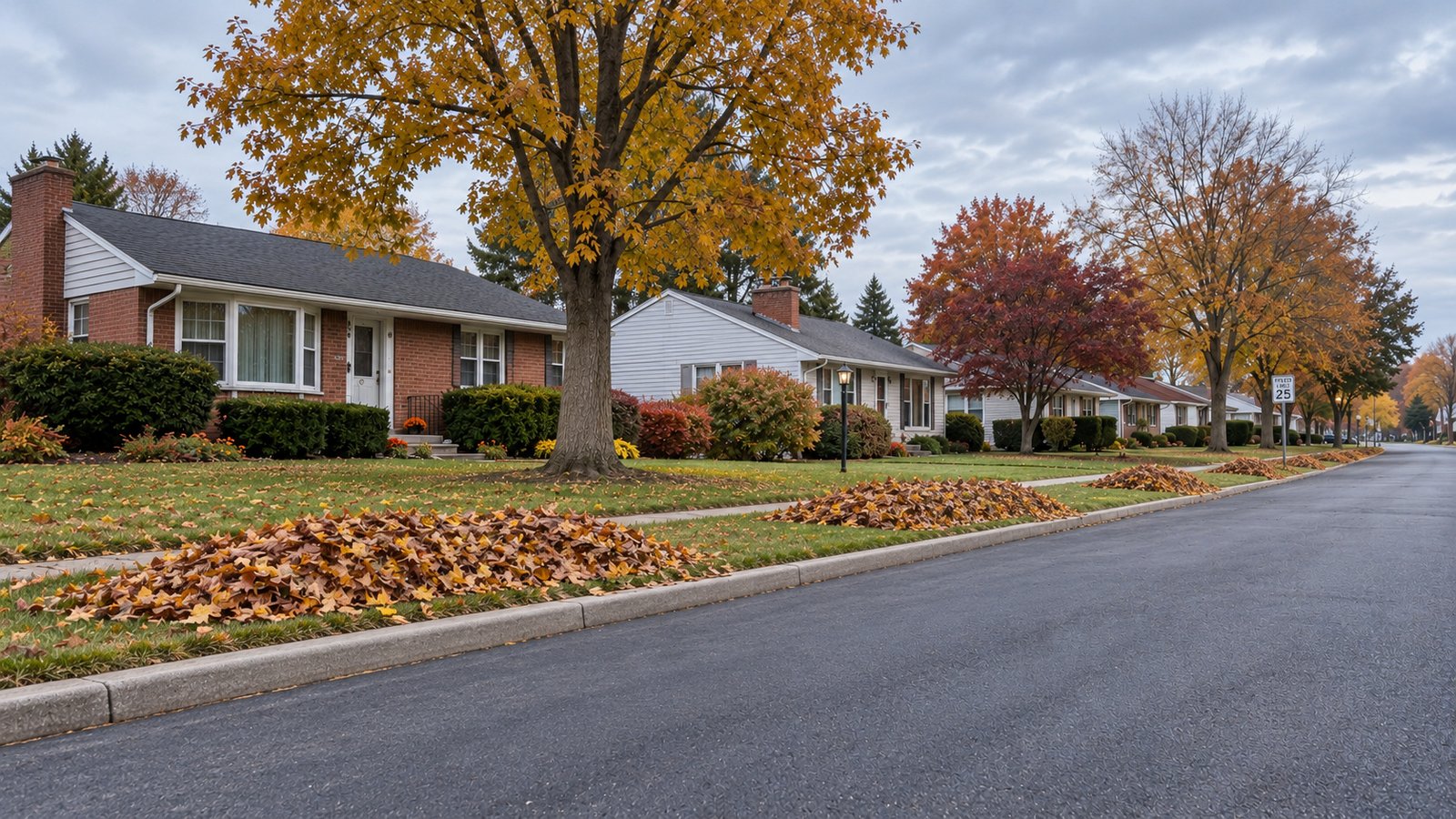 An autumn ranch street with loose leaves in the grassy right-of-way behind the curb and a clear asphalt road.