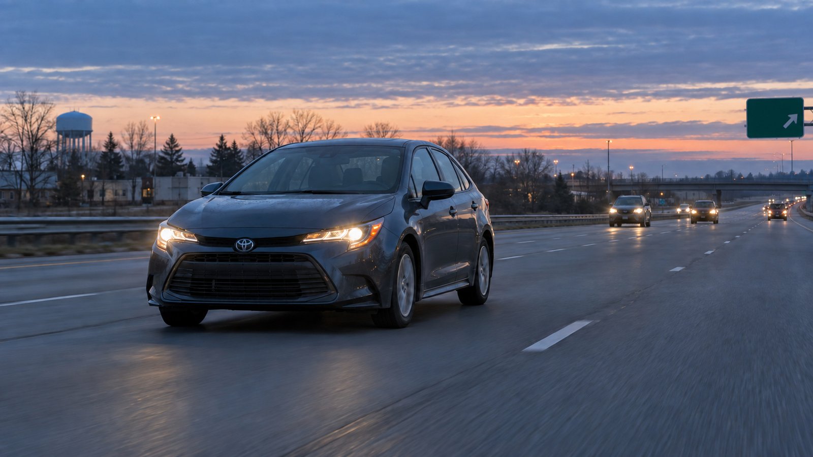A whole passenger SUV on an ordinary regional multilane road at dawn.