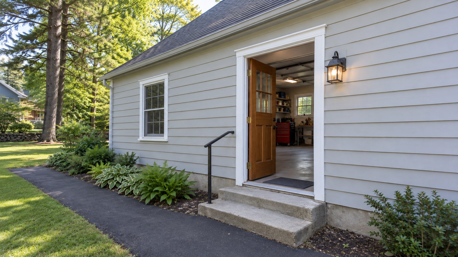 The side entrance to a garage Open wooden garage service door above two concrete steps, with a handrail and paved side approach