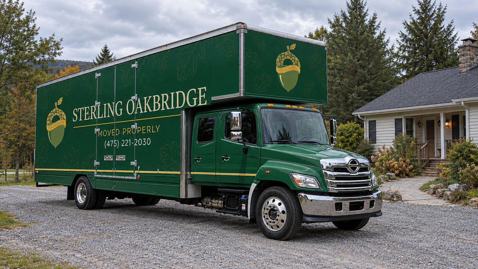 A truck position beside the house Dark green Sterling Oakbridge moving truck standing on a broad gravel turnout near a house