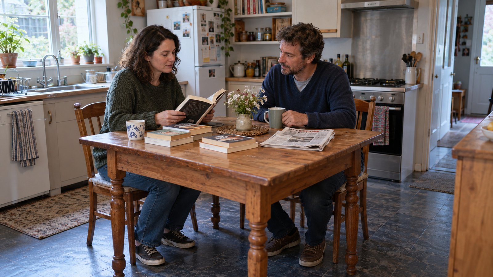 A quiet moment around the kitchen table Two adults sitting at a wooden kitchen table with books, a newspaper and mugs while one holds an open book