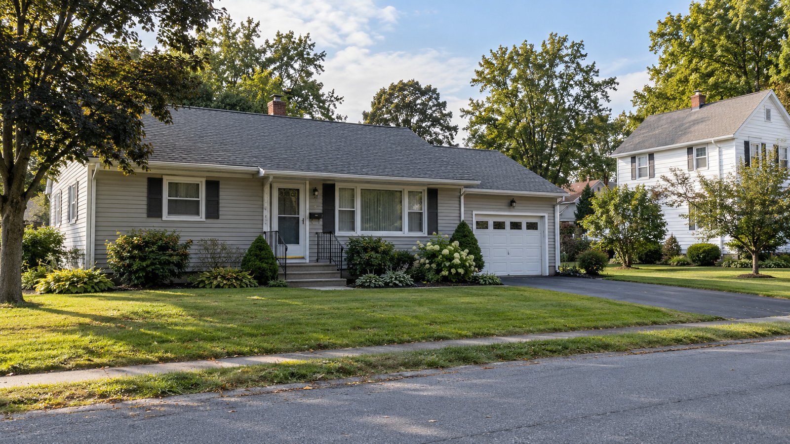 A home and its garage approach Single-story gray house with front steps, an attached garage and paved driveway beside a neighboring white house