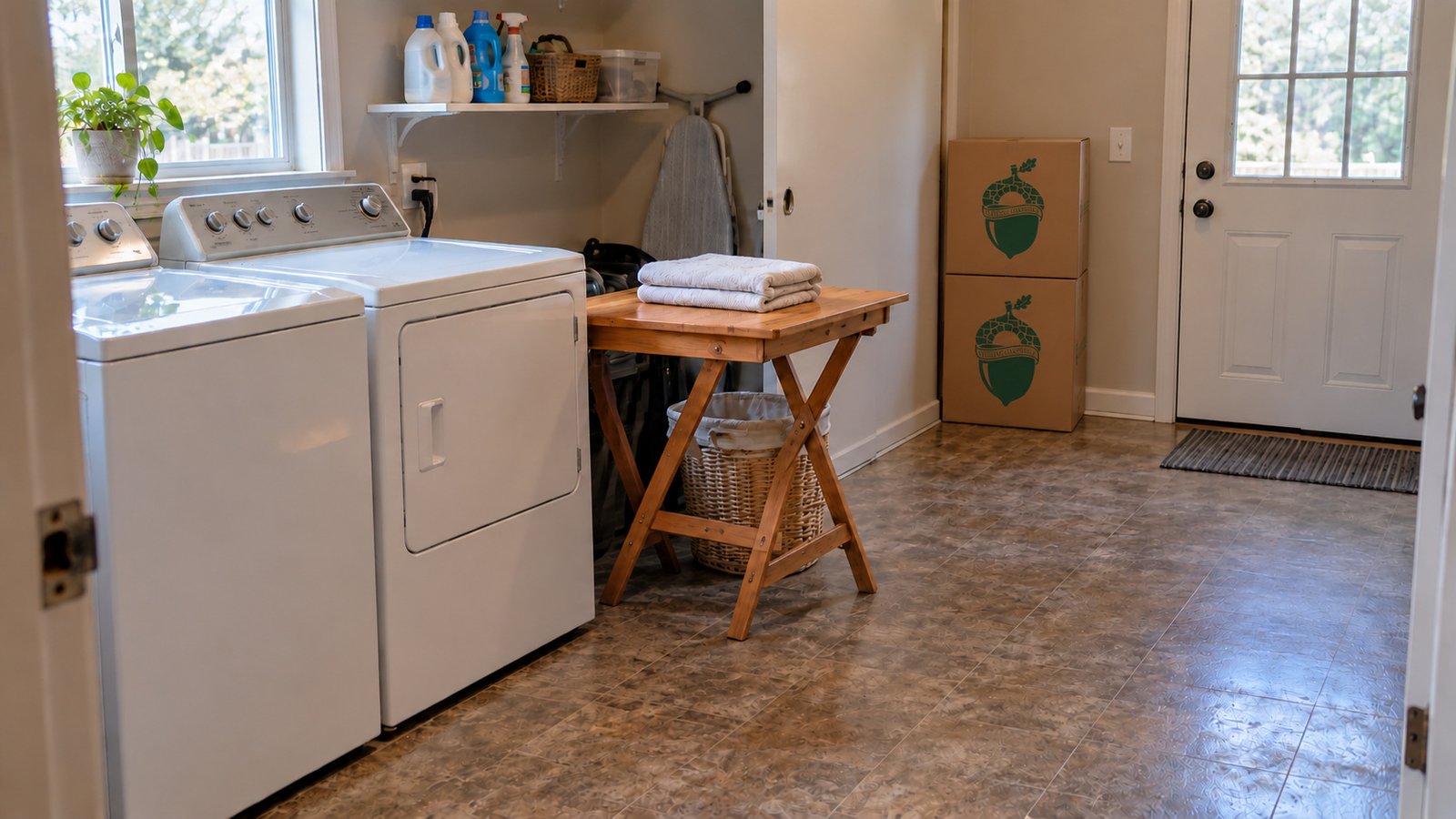 Keeping the laundry room usable Washer and dryer beside a wooden folding table, with two closed Sterling Oakbridge kraft cartons stacked against the far wall
