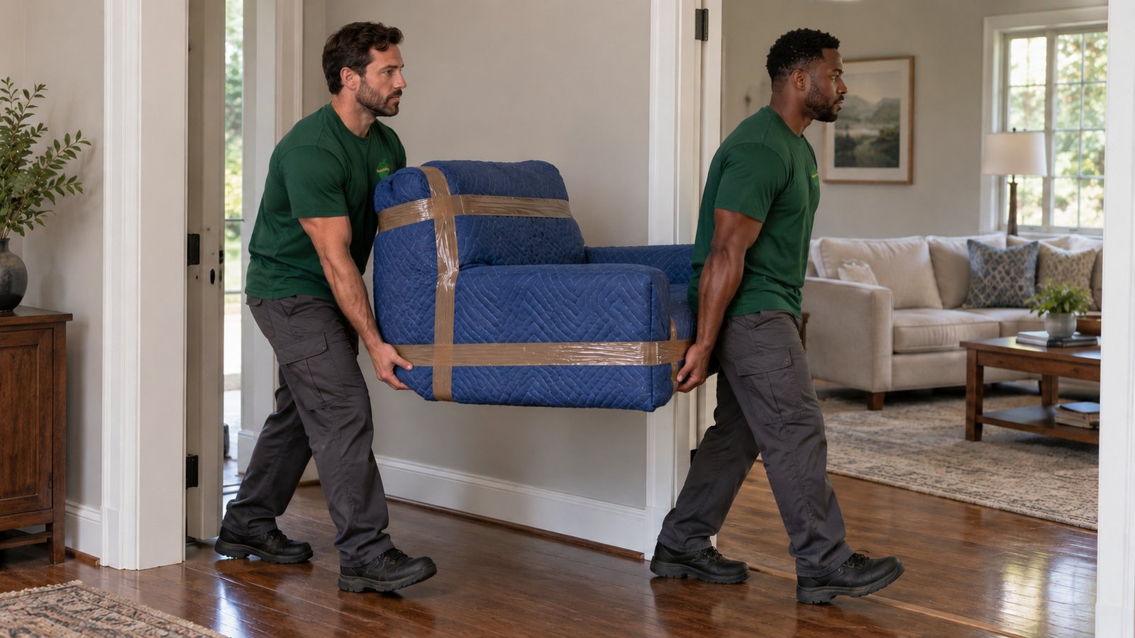 Carrying a protected armchair through a doorway Two Sterling Oakbridge movers carry a blue-blanket-wrapped armchair through a wide doorway toward the right-hand room