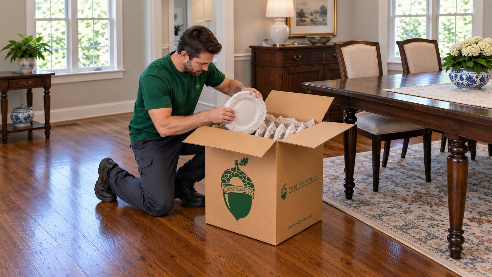 Protecting plates as they are packed Kneeling Sterling Oakbridge mover places a paper-wrapped plate upright into an open branded kraft china carton