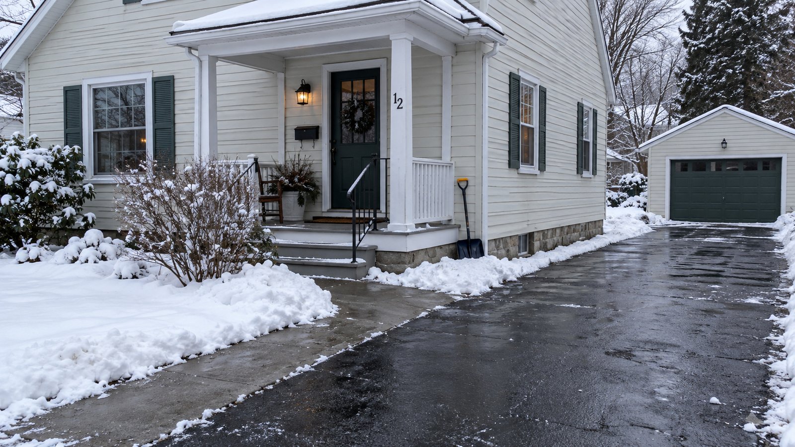 A cleared approach after snow White clapboard house with a cleared front walk, porch steps and driveway, snow along the edges and a shovel beside the wall