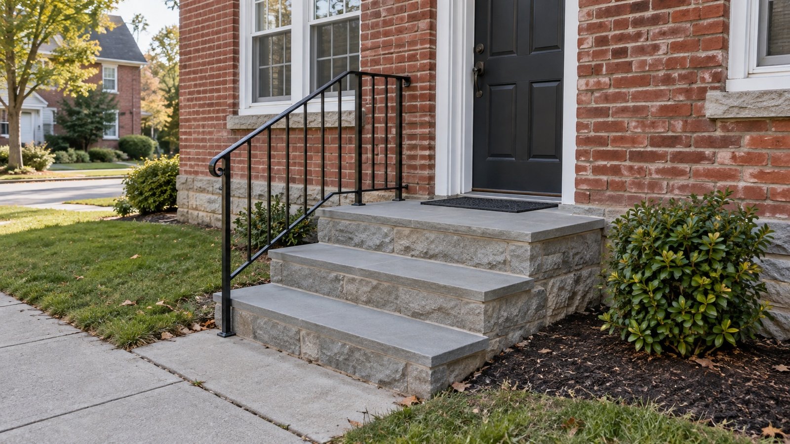 Three connected stone entrance steps with an iron handrail beside a brick house