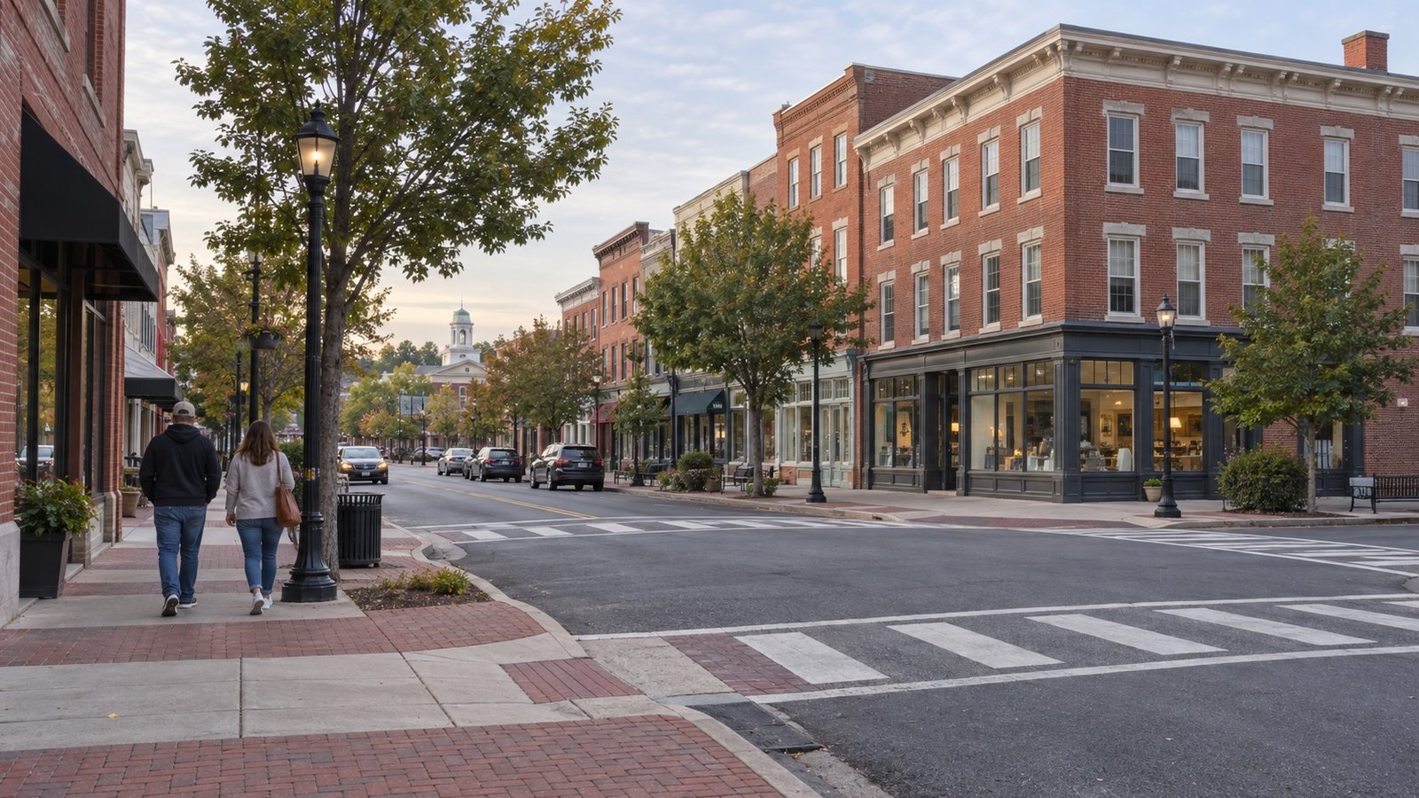 Brick downtown buildings, shop windows and two pedestrians beside a crossing